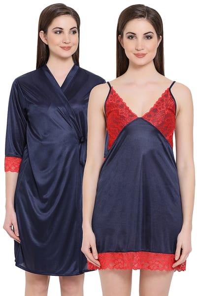 Buy Short Nighty & Robe Set in Navy Blue - Satin Online - Clovia
