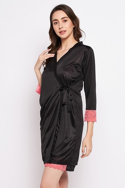 Buy Nightwear Online, Satin Floral Pattern Short Nighty Gown with Robe  Lingerie 2 Pcs, NSR34-Black