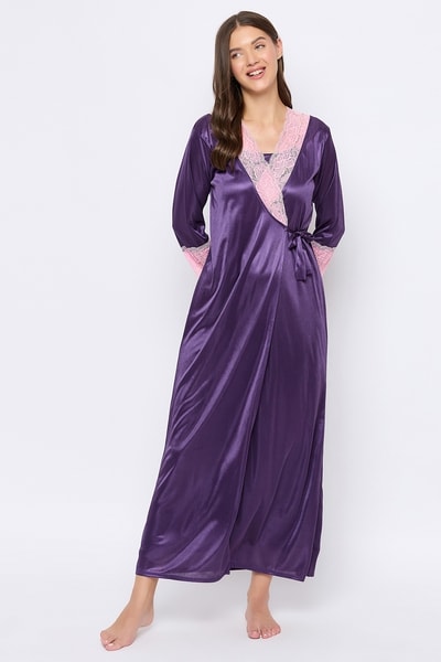 purple satin night dress Purple Wrap Satin Dress With Flutter Sleeves