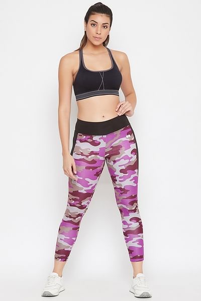 Snug Fit Active Camouflage Print Ankle-Length Tights in Purple ( Size S, Size M, Size L, Size XL