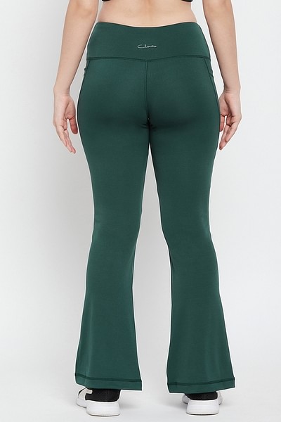 Buy High Waist Flared Yoga Pants in Pine Green with Side Pockets
