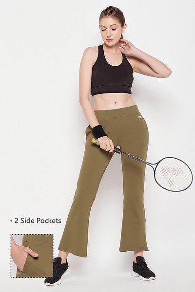 Buy CLOVIA Comfort-Fit High Waist Flared Yoga Pants in Olive Green with Side  Pocket