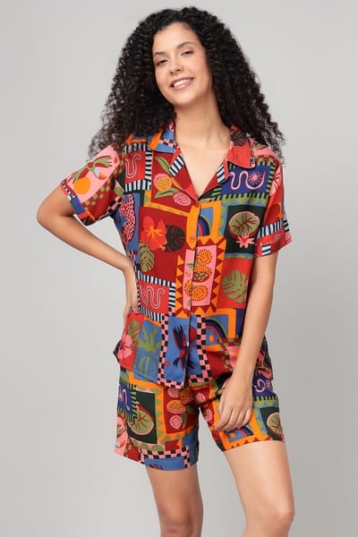 Unique Abstract Print Lapel Shorts And Shirt Two-piece Set