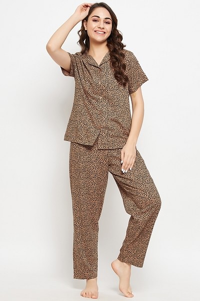 Buy Animal Print Button Down Shirt & Pyjama Set in Nude Colour - Rayon Online  India, Best Prices, COD - Clovia - LS0385G24