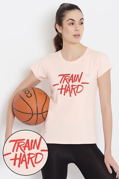Comfort Fit Active Text Print T-shirt in Peach - Cotton Rich ( Size S, Size M, Size L, Size XL