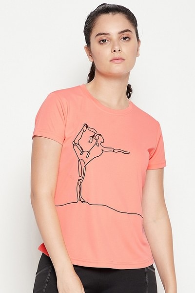 Buy CLOVIA Peach Comfort Fit Text Print Active T-shirt in Peach
