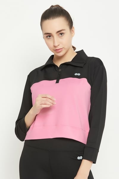 Buy Comfort-Fit Active Zipper Top in Black with Pink Panels Online - Clovia