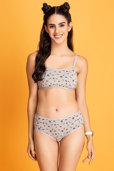 Padded Non-Wired Printed Teen Bra & Mid Waist Hipster Panty in Melange Grey  - Cotton Lycra