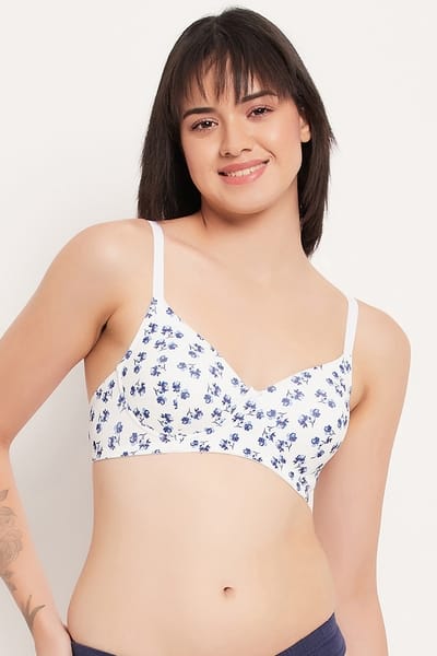 Clovia Padded Non-Wired Full Cup Floral Print T-shirt Bra in Blue