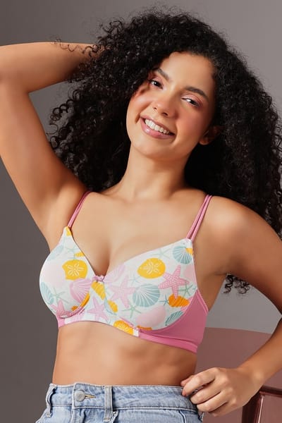 Clovia Padded Non-Wired Full Coverage Sea Animal Print T-shirt Bra in Light Pink