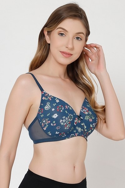 Buy Padded Non-Wired Full Cup Floral Print T-shirt Bra in Navy