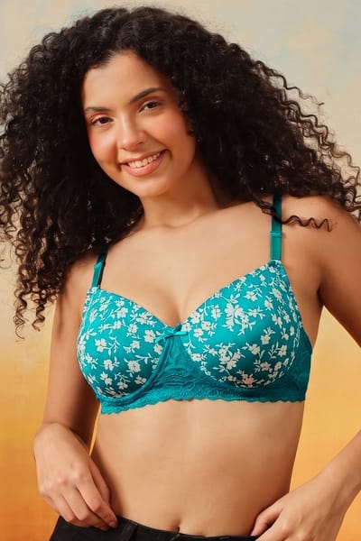 Clovia Padded Non-Wired Full Coverage Multiway Floral Print T-shirt Bra in Turquoise