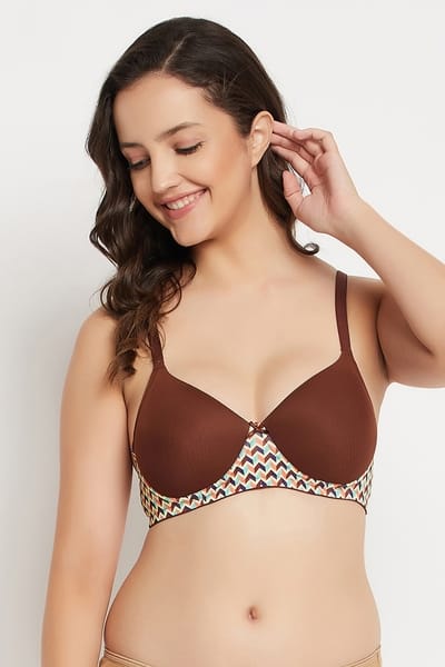Clovia Padded Non-Wired Full Cup T-shirt Bra in Brown