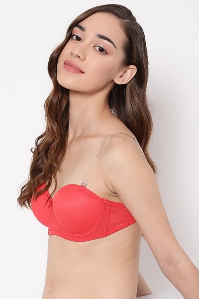 Buy Invisi Padded Underwired Full Cup Strapless Balconette Bra in Red with  Transparent Straps & Band Online India, Best Prices, COD - Clovia -  BR1925R04