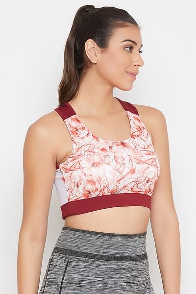 Buy Medium Impact Padded Non-Wired Abstract Print Racerback Sports Bra in  White Online India, Best Prices, COD - Clovia - BR2054P03