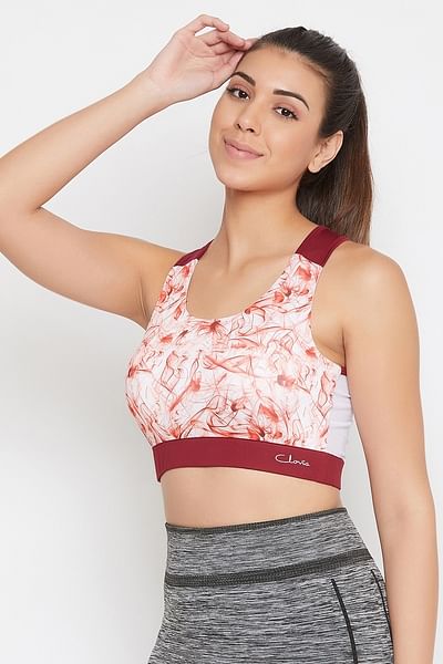 Medium Impact Padded Non-Wired Printed Sports Bra in White ( Size S, Size M, Size L, Size XL