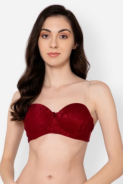 Invisi Padded Underwired Full Cup Strapless Balconette Bra in Maroon with  Transparent Straps & Band - Lace