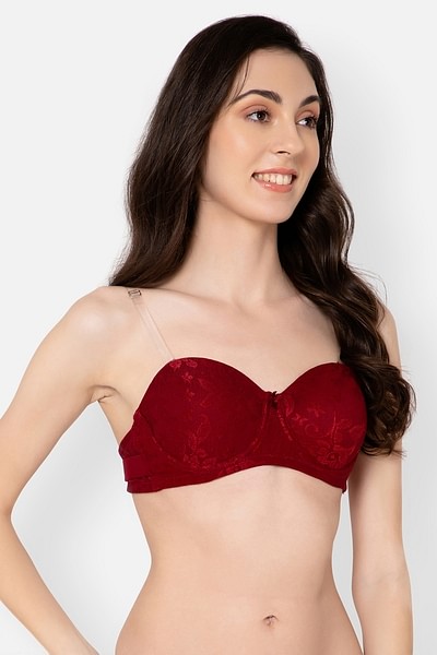 Buy Invisi Padded Underwired Full Cup Strapless Balconette Bra in Maroon  with Transparent Straps & Band - Lace Online India, Best Prices, COD -  Clovia - BR5028R09
