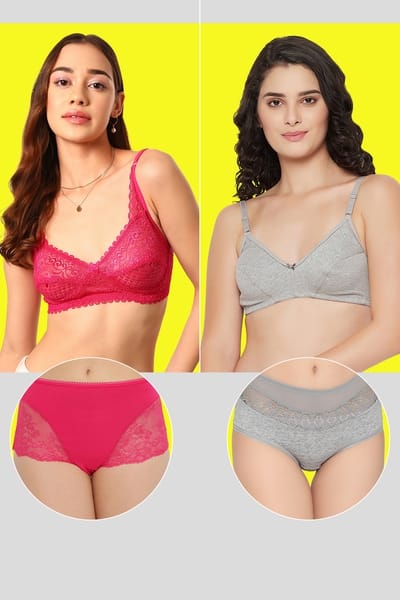 Clovia Pack of 4 Non-Padded Non-Wired Bras & Hipster Panties