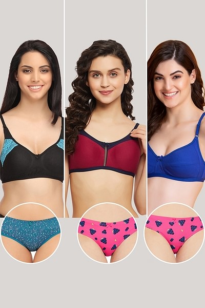 Pack of 6 Non-Padded Bras & Low Waist Panties - Cotton