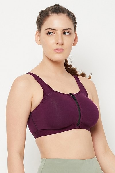 Buy High Impact Non-Padded Spacer Cup Active Sports Bra in Plum Colour with Front  Zipper - Cotton Online India, Best Prices, COD - Clovia - BRS022R09