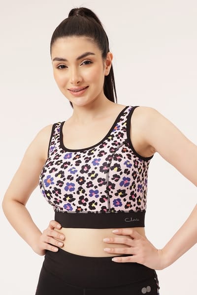 Clovia Medium Impact Padded Animal Print Sports Bra in Light Pink