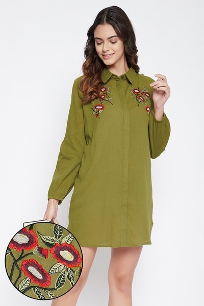 Buy Button Me Up Embroidered Short Night Dress in Olive Green - 100% Cotton  Online - Clovia