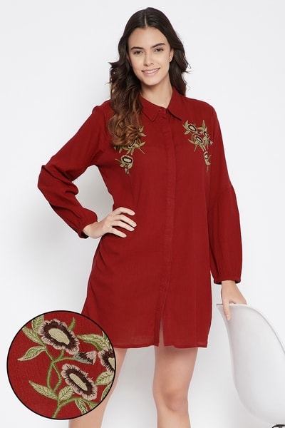 Buy Button Me Up Embroidered Short Night Dress in Maroon - 100% Cotton  Online - Clovia