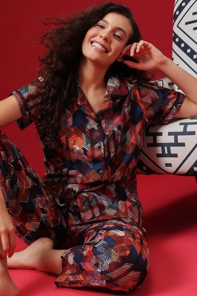 Buy Button Down Night Suit in Multicolour Rayon Online Clovia