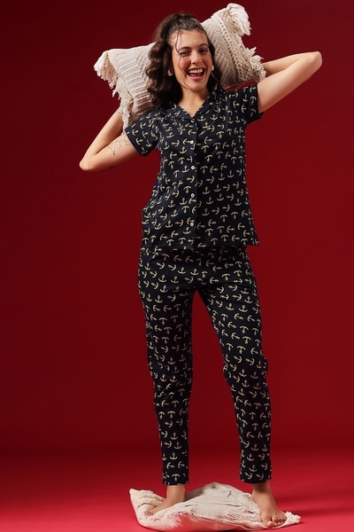 Button Down Anchor Print Night Suit in Navy- Cotton