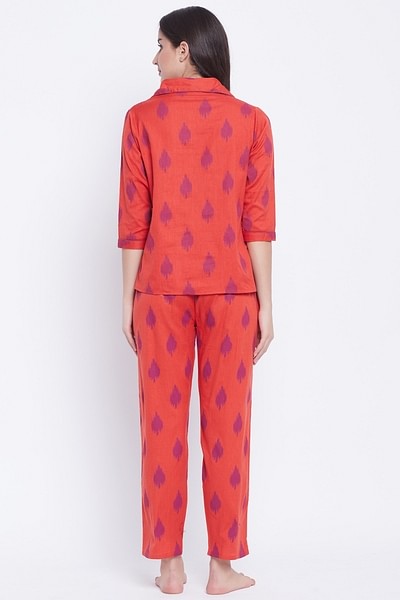 Buy Button Down Ikat Print Shirt & Pyjama Set in Orange - 100