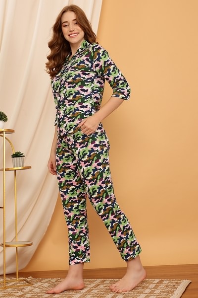 Buy Camouflage Print Button Down Shirt Pyjama Set in Multicolour