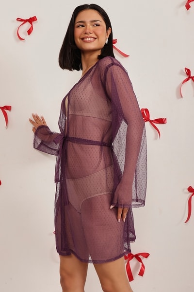 Pc Set in Wine Colour Sheer Babydoll Robe