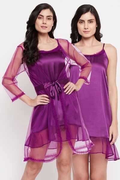 Buy Short Nighty Robe Set in Wine Colour Satin Online Clovia