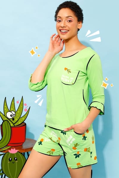 Green Printed Shorts Set