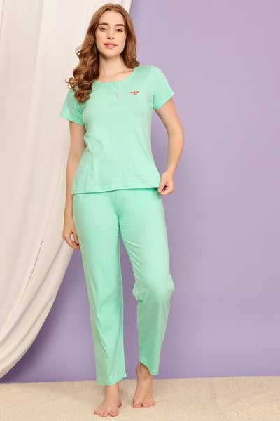 Buy Chic Basic Top & Pyjama Set in Sky Blue - 100% Cotton Online - Clovia