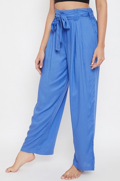Buy Chic Basic Wide Leg Pants in Blue - Rayon Online India, Best