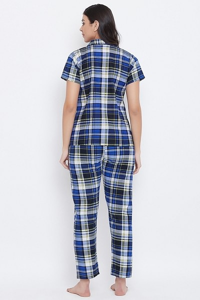 Buy Classic Checks Button Down Shirt & Pyjama Set in Sky Blue - Satin  Online India, Best Prices, COD - Clovia - LS0385O03