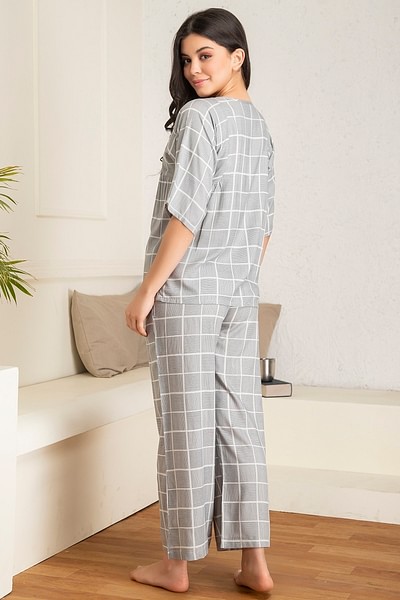 Buy Classic Checks Top & Pyjama in Grey - Rayon Online India, Best