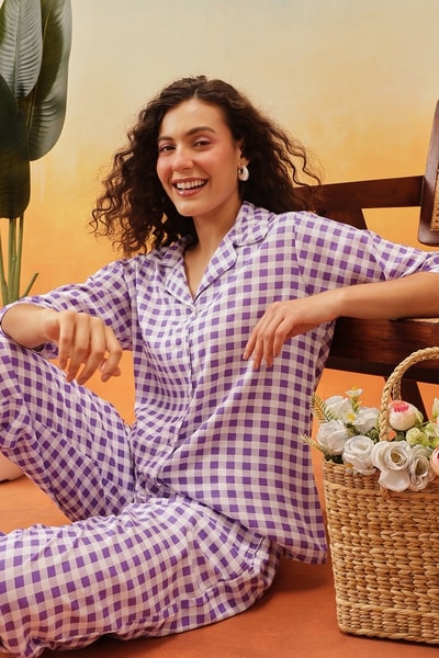 Buy Classic Checks Button Down Night Suit in Purple Cotton Rich