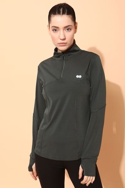 Comfort-Fit Active Zipper T-shirt in Dark Grey with Thumbhole