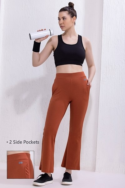 Buy Comfort Fit High-Rise Flared Yoga Pants in Orange with Side