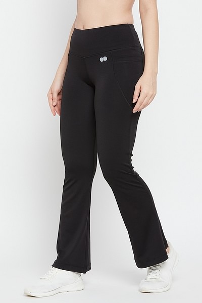 Buy High Waist Flared Yoga Pants in Black with Side Pockets Online