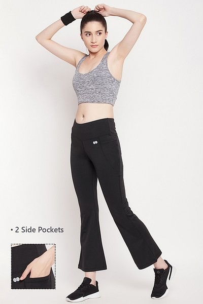 Buy High Waist Flared Yoga Pants in Black with Side Pockets Online