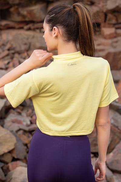 Buy Comfort Fit Text Print Turtleneck Active Crop Top in Yellow