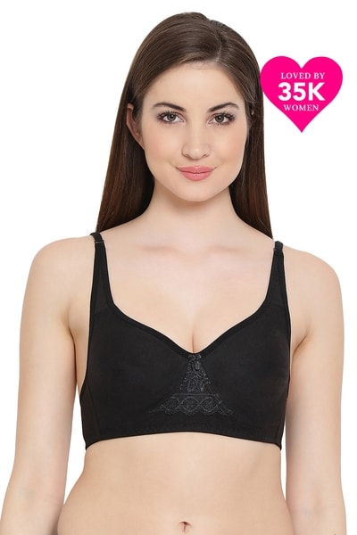 Non-Padded Non-Wired Full Coverage T-shirt Bra in Black Cotton - Main Image