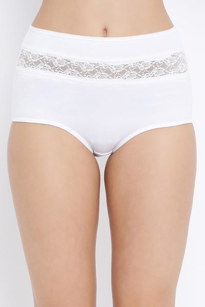 Clovia Cotton High Waist Hipster Panty with Lace Insert In White