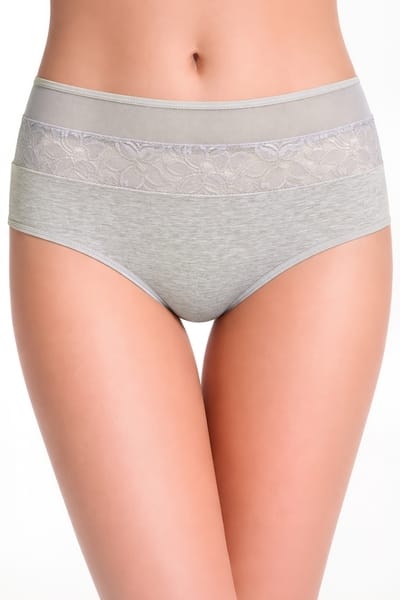 Clovia High Waist Hipster Panty in Grey with Lace Panel - Cotton