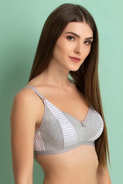 Buy Non-Padded Non-Wired Full Coverage Striped Bra In Grey