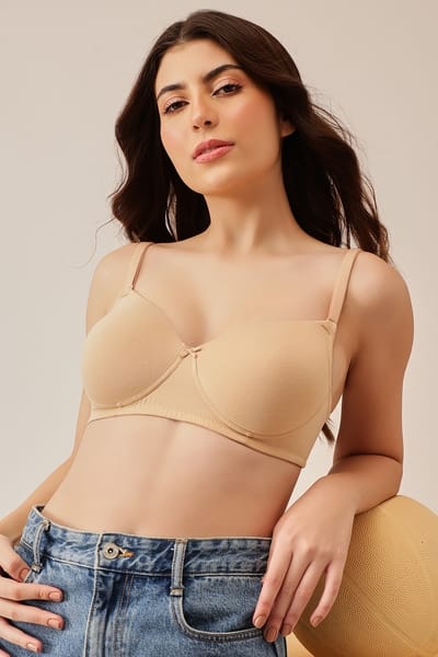 Clovia Padded Non-Wired Full Coverage Multiway T-Shirt Bra in Nude - Cotton